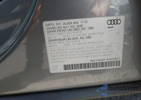 2013 Audi Q5 3.0T Premium Plus from USA, damaged, VIN WA1DGAFP1DA033557